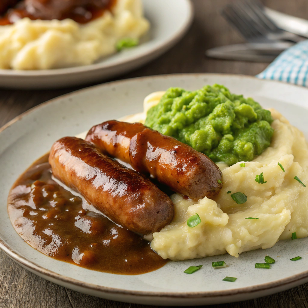 Pork & Fennel Sausages with Mashed Potato, Gravy & Mushy Peas
