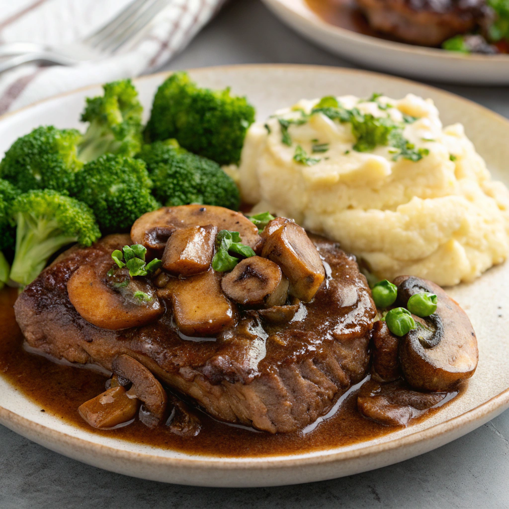Braised Steak with Mushrooms, Broccoli and Mashed Potato