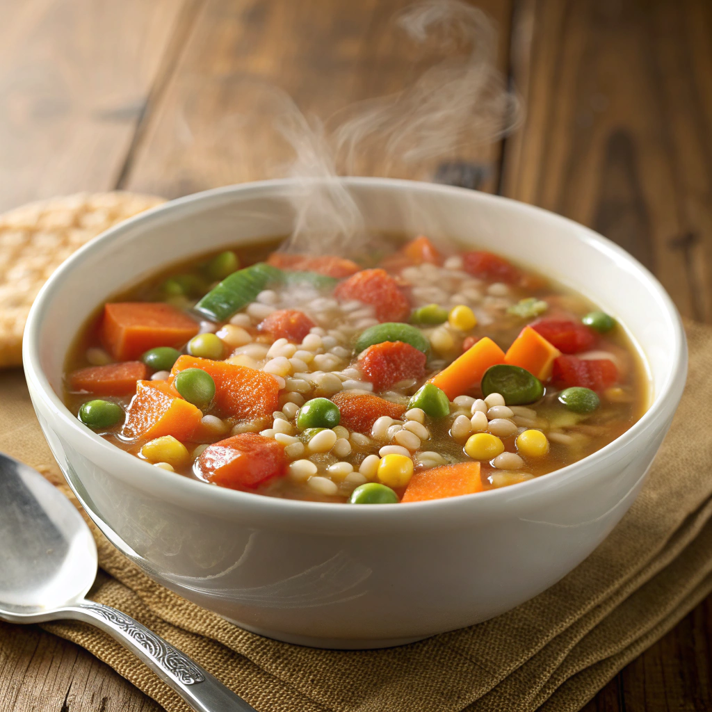 Tomato & Vegetable Soup with Barley and Dinner Roll