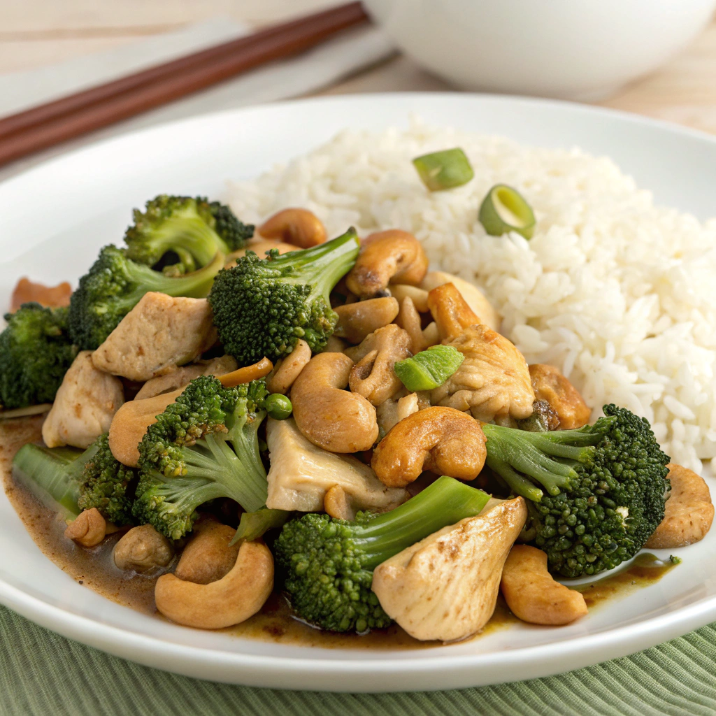 Chicken and Cashew Stir Fry with Broccoli and Rice