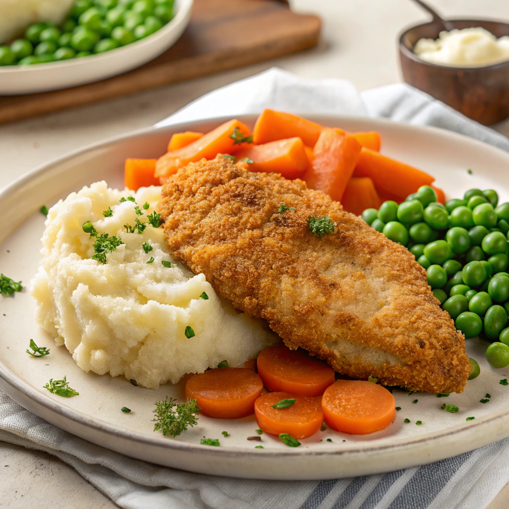 Chicken Schnitzel with Mashed Potato, Carrots, and Peas