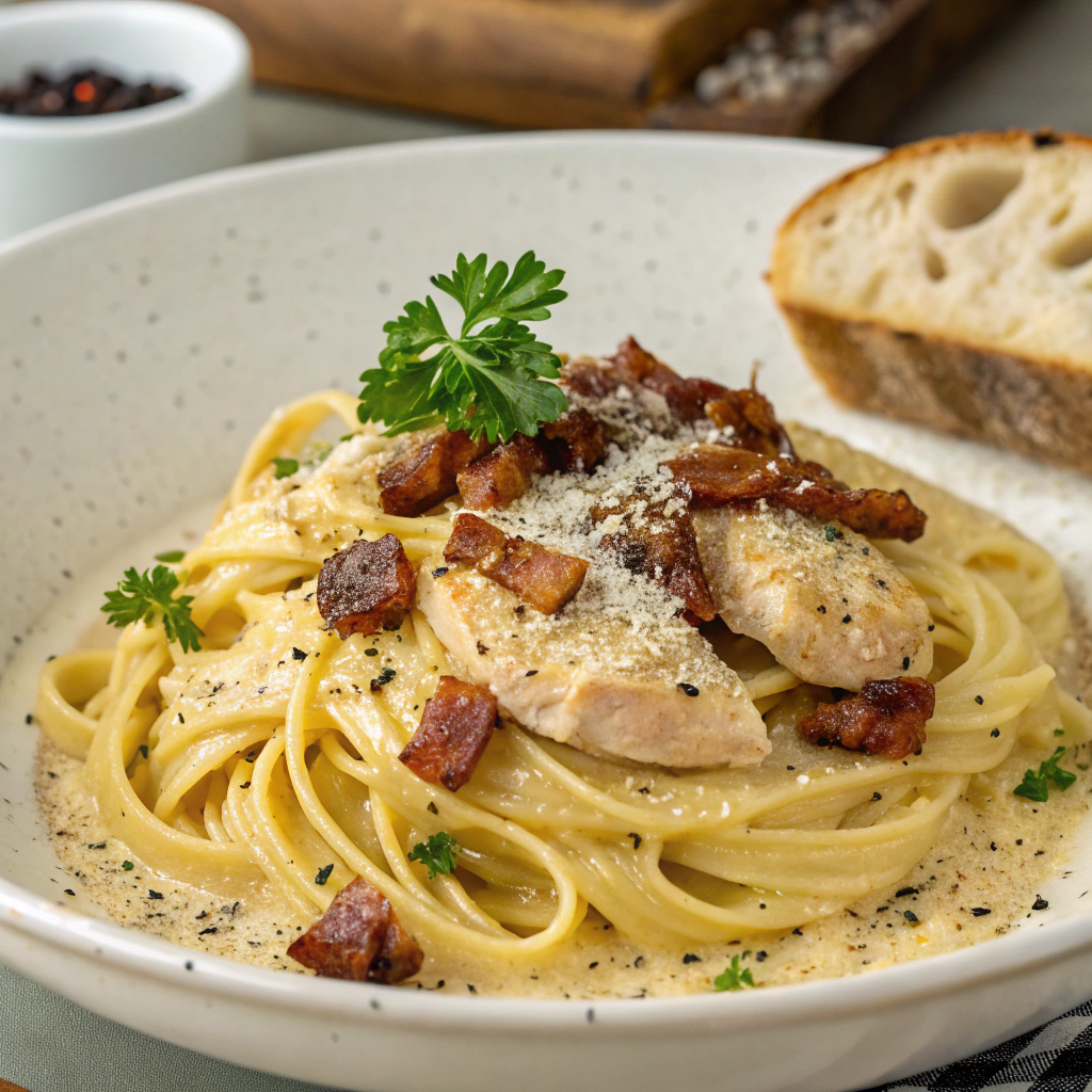 Creamy Chicken Carbonara with Linguine and Parmesan