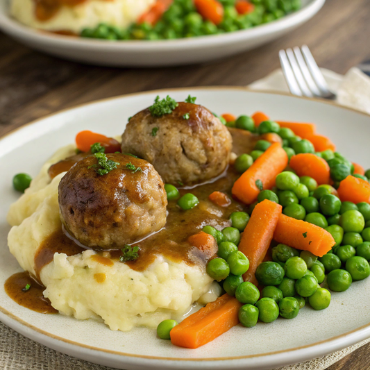 Rissoles with Mashed Potato, Peas and Carrots