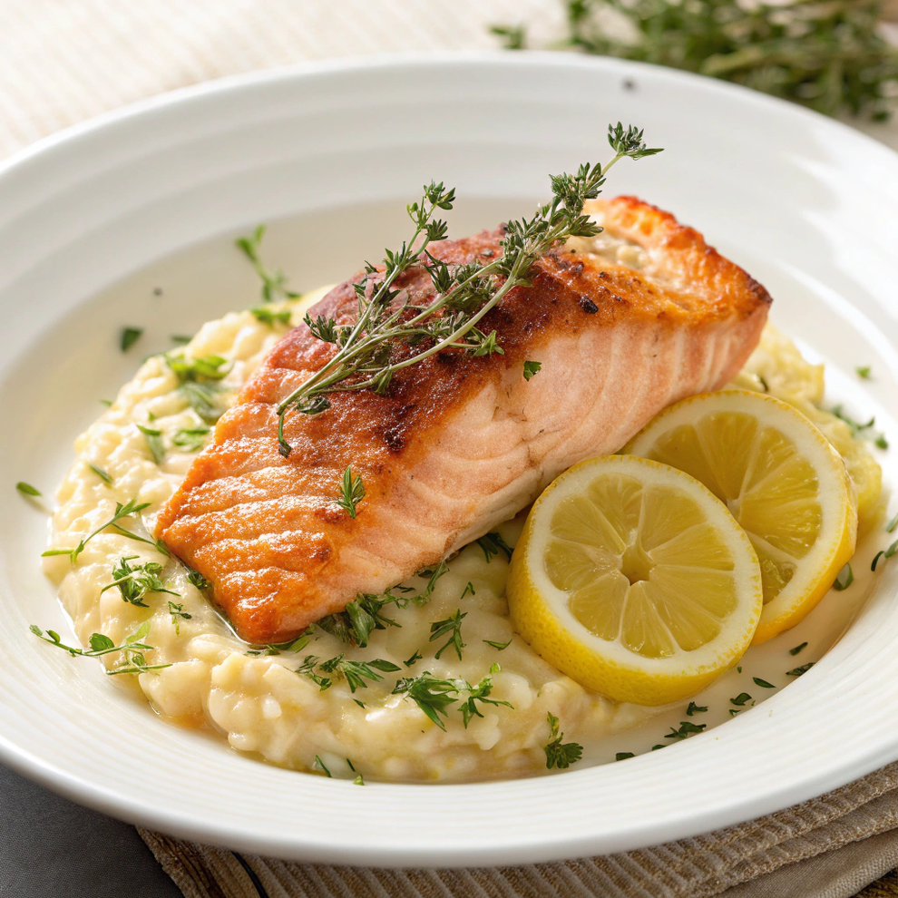 Salmon Fillet on Lemon and Thyme Risotto – Fine! Dine In