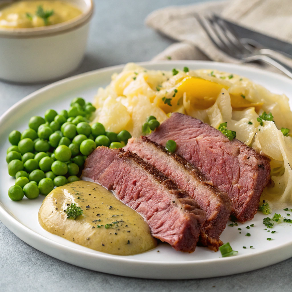 Slow Cooked Corned Beef with Chat Potatoes,  Braised Cabbage, Peas and Mustard Parsley Sauce